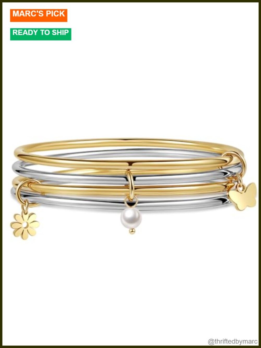 18K Real Gold Plated Stainless Steel Charm Bangle Bracelet Set Stackable
